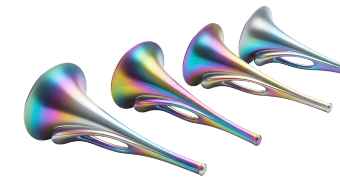 Four iridescent trumpet bells with a modern abstract design isolated on transparent background - Powered by Adobe
