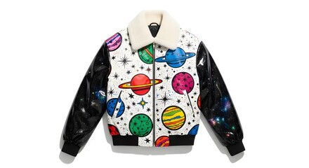 Stylish bomber jacket with colorful planets and stars pattern on white background