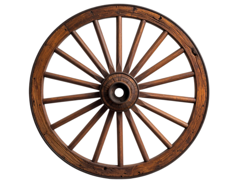 Antique Wooden Wagon Wheel with Dark Brown Finish isolated on transparent background