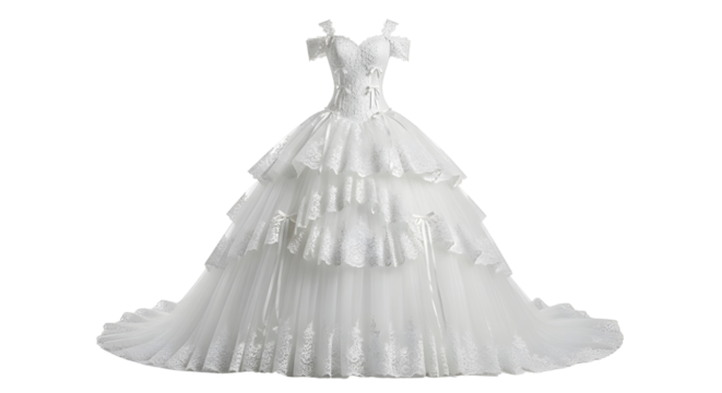 Elegant luxurious white wedding dress with ruffled tiered skirt and intricate lace details for bridal fashion isolated PNG with Transparent Background