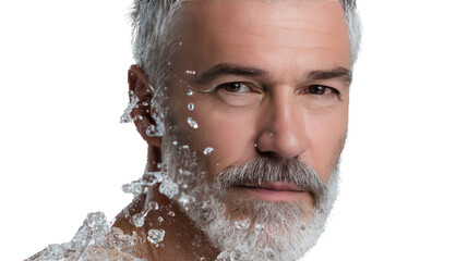 Timeless Grace: A mature man with silver hair and a distinguished beard, embraced by glistening ice, embodies strength and resilience. His intense gaze reflects wisdom and experience.