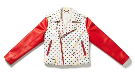 Stylish white leather motorcycle jacket with colorful abstract pattern and red sleeves
