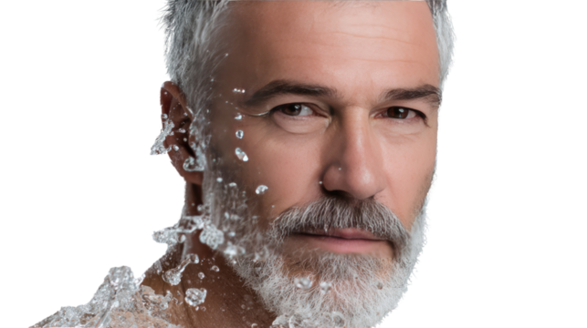 Timeless Grace: A mature man with silver hair and a distinguished beard, embraced by glistening ice, embodies strength and resilience. His intense gaze reflects wisdom and experience.