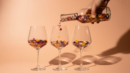 Hand pouring colorful confetti from a bottle into three wine glasses