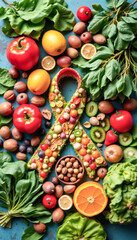 Colorful health awareness ribbon made from fresh fruits, vegetables, and nuts on blue background, symbolizing healthy lifestyle, nutrition, and cancer prevention through natural food.