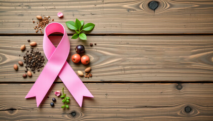 Pink ribbon on rustic wooden background with herbs, nuts, and spices, representing breast cancer awareness, health support, and organic wellness lifestyle concept.