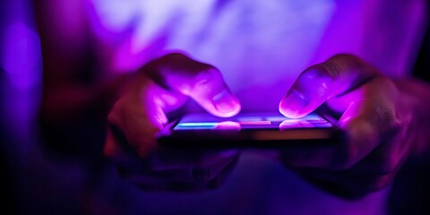 Person playing video games on a smartphone with vibrant purple neon lighting