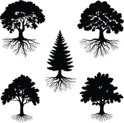 Fototapeta premium Five black tree silhouettes with exposed root systems in circular layout, unique foliage shapes, symbolic growth, nature strength, organic design