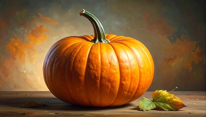 A vibrant, large pumpkin with a green stem sits on a wooden surface, autumn leaves scattered around it. Background is blurred