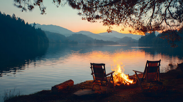 Sunset and sunrise over the lake with trees and pier