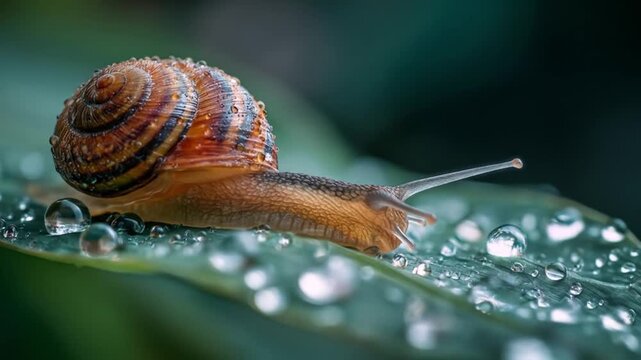 Macro shot of a brown spiral snail with moist shell and extended antennae on a dewy leaf close shot