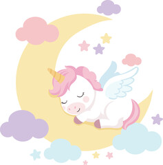 Cute Unicorn Sleeping on Moon Illustration