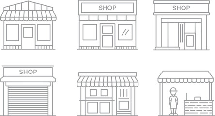 Set of six colorful shopfront vector illustrations featuring retail facades, market stalls, storefront architecture, and commercial building designs