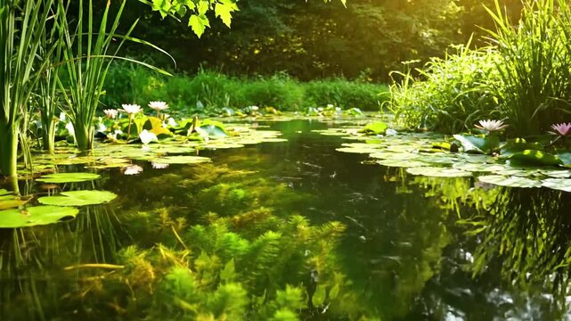Lush Pond Overview Tranquil Freshwater Pond Ecosystem Wide shot establishing the serene pond ecosystem with surrounding natural foliage and soft lighting.