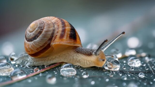 Macro shot of a striped snail on a wet surface with glistening dew drops and soft bokeh. slight glow