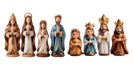 Colorful Nativity Scene Figurines of Mary, Joseph and Jesus Christ, PNG bundle collection, Isolated on Transparent Background