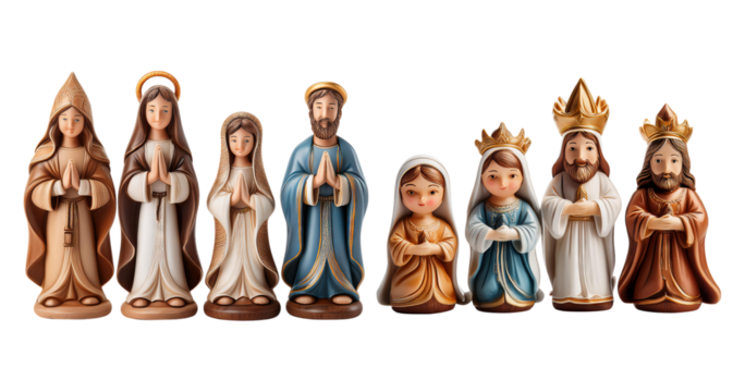 Colorful Nativity Scene Figurines of Mary, Joseph and Jesus Christ, PNG bundle collection, Isolated on Transparent Background - Powered by Adobe