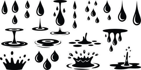 Set of sixteen black and white water droplet and splash vector illustrations showing liquid motion, ripple effects, and fluid dynamics