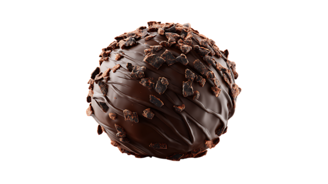 Closeup of a single chocolate truffle ball covered in chocolate shavings on transparent background