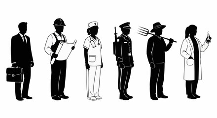 Diverse Professional Silhouettes Representing Various Occupations and Careers.