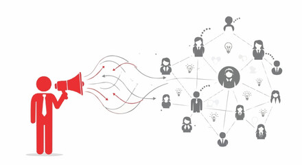 Red figure with megaphone broadcasting to a network of people.