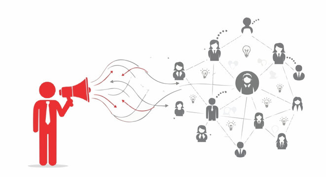 Red figure with megaphone broadcasting to a network of people.