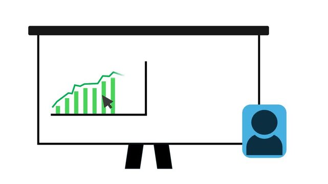 Animated Business Presentation with Growing Data Charts and Virtual Participant Icon