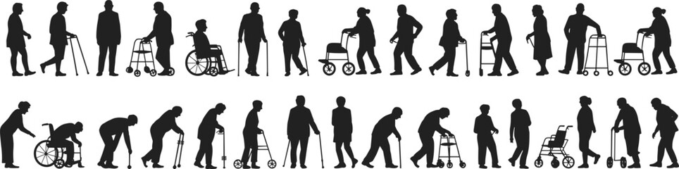 Silhouettes of people using mobility aids including canes, walkers, wheelchairs, showing diverse postures, accessibility, aging, inclusive design