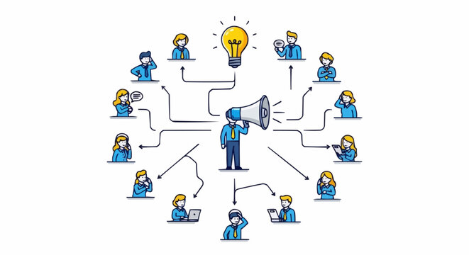 Marketing and Communication Network with Megaphone and Idea Bulb.