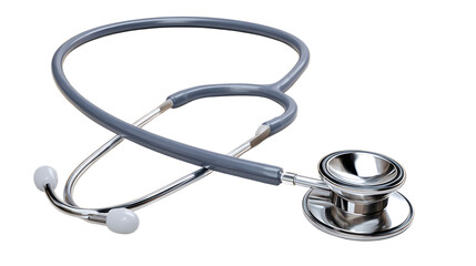 Gray stethoscope with silver accents laying casually on transparent background for medical use