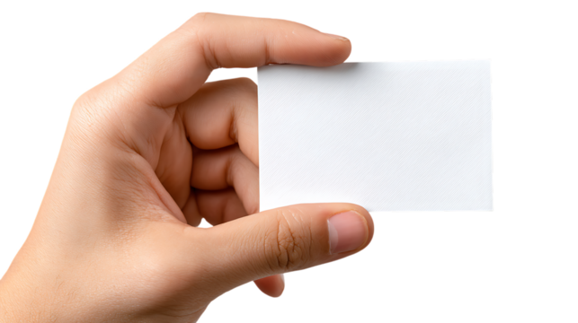 Hand Holding a Small White Card Displaying Mockup Opportunity on Transparent Background for Text or Logo