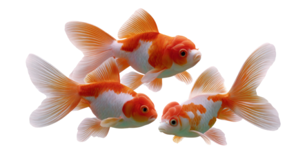 Three Goldfish Dancing: A trio of vibrant goldfish, each showcasing unique hues of gold and white, elegantly dance in a serene aquatic ballet.