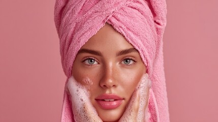 Woman with glowing skin, pink towel on head, washes face with foamy soap. Close up
