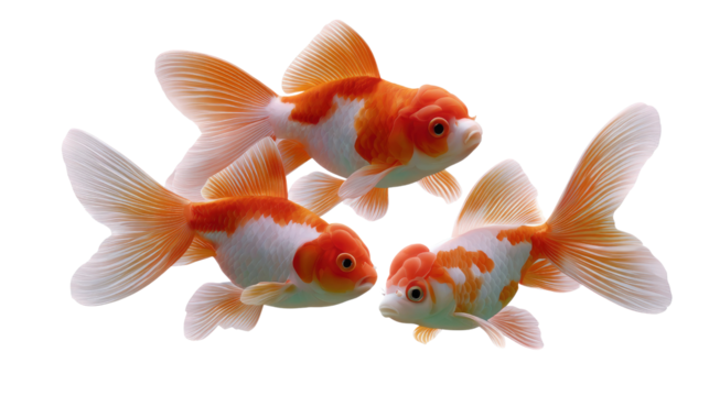 Three Goldfish Dancing: A trio of vibrant goldfish, each showcasing unique hues of gold and white, elegantly dance in a serene aquatic ballet.