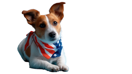 Patriotic Pup Portrait: A charming terrier, adorned in a star-spangled scarf, embodies the spirit of American pride. The photo radiates warmth and patriotism.