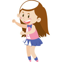 Joyful Young Girl with Brown Hair Dancing Energetically Wearing a Pink and Blue Outfit with a Bow Tie and White Sneakers Isolated on a Transparent Background