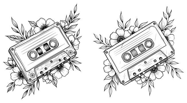 Two retro cassette tapes surrounded by delicate floral arrangements, creating a nostalgic and artistic composition - Powered by Adobe