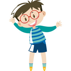 Cartoon Boy With Glasses And Striped Shirt Waving Arms Excitedly In A Fun Manner Isolated On Transparent Background