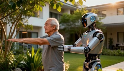 An elderly man performs outdoor exercises in a modern nursing home garden with a humanoid assistance robot, highlighting AI and robotic care for seniors. - Powered by Adobe