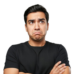 Obraz premium Expressive young man with arms crossed showing a concerned facial expression isolated on transparent background