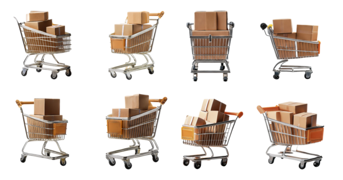 Variety of Shopping Carts with Cardboard Boxes Isolated on White Background, Bundle Set Collection, Isolated on Transparent Background