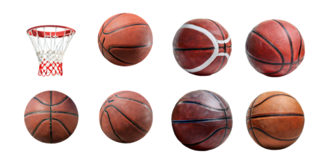 Variety of Basketballs and Hoop Isolated, PNG collection, set bundle, isolate on transparent or white background