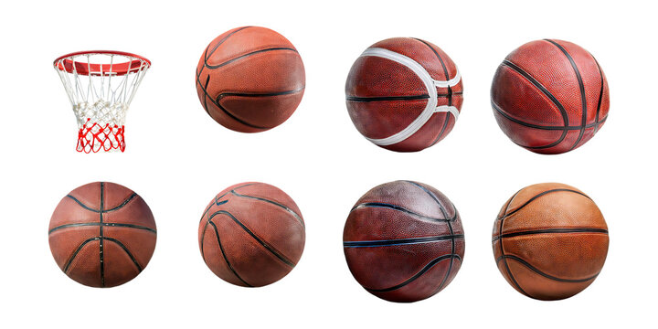 Variety of Basketballs and Hoop Isolated, PNG collection, set bundle, isolate on transparent or white background