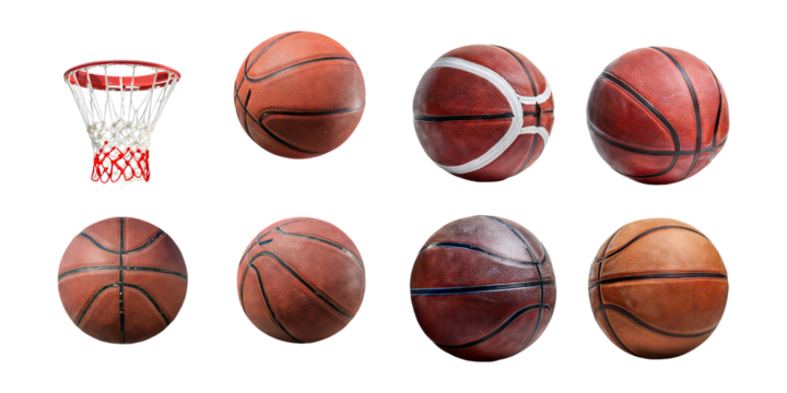 Variety of Basketballs and Hoop Isolated, PNG collection, set bundle, isolate on transparent or white background