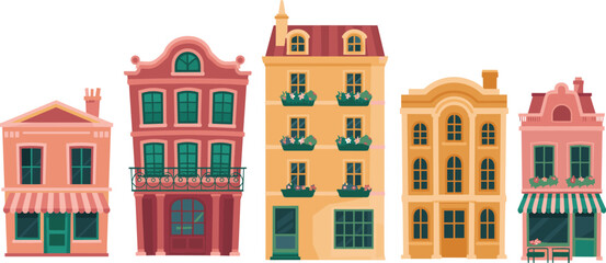 Vector illustration of five colorful stylized buildings with balconies, awnings, flower boxes, and unique architectural design elements in warm tones