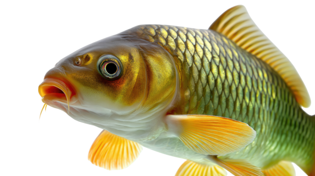 Carp Portrait: A close-up view of a vibrant carp, its scales shimmering with iridescent hues, set against an airy background.