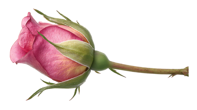 Unopened pink rose bud with stem and sepals on transparent background macro view