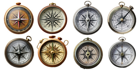 Vintage Compass Collection for Navigation and Exploration, PNG collection, set bundle, isolate on transparent or white background