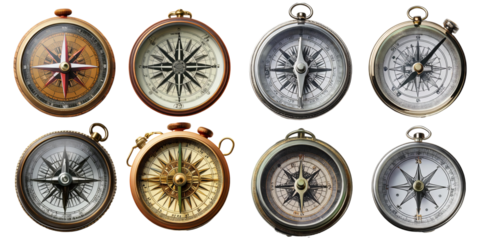 Vintage Compass Collection for Navigation and Exploration, PNG collection, set bundle, isolate on transparent or white background