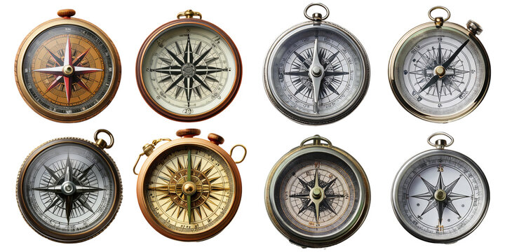 Vintage Compass Collection for Navigation and Exploration, PNG collection, set bundle, isolate on transparent or white background